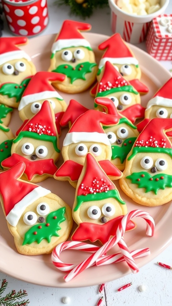 A colorful assortment of Elf on the Shelf cookies with icing and decorations on a festive platter.